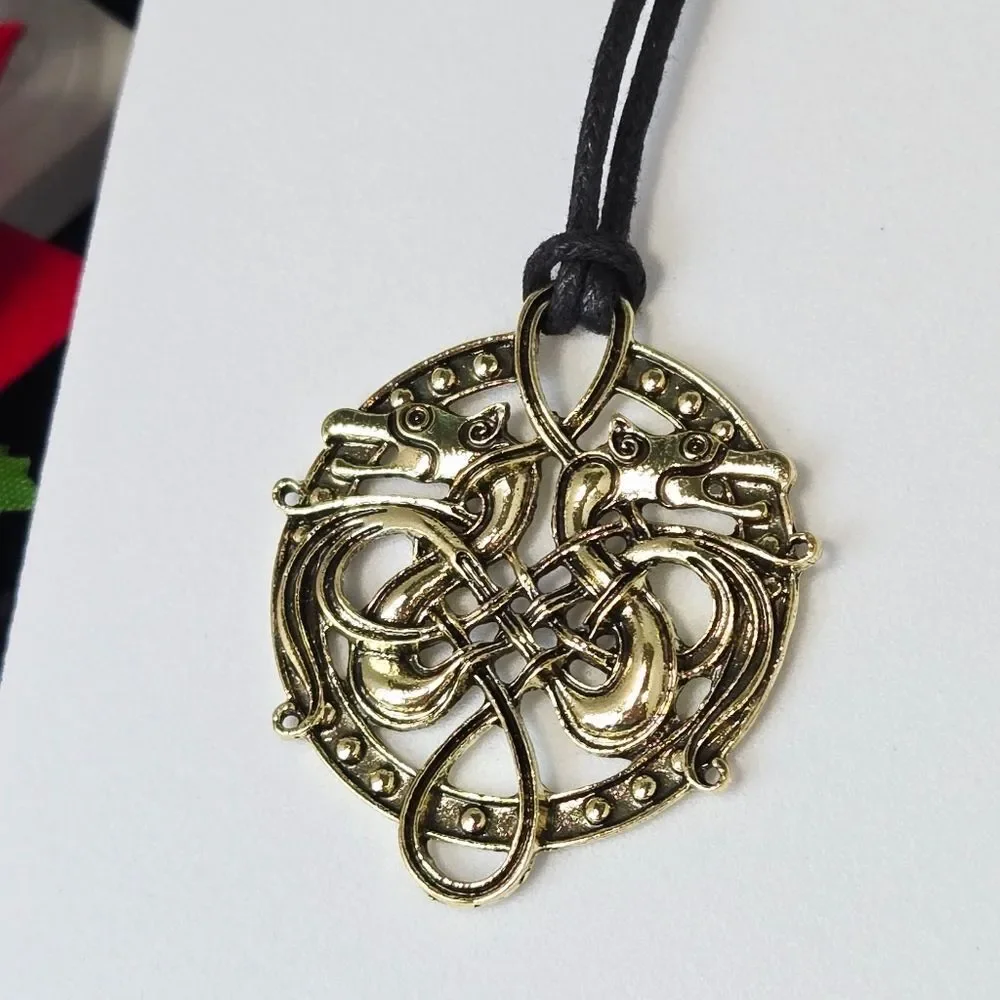 Gold Celtic Twin Wolf Necklace Viking Odin Pendant Rune Knot Adjustable Cord